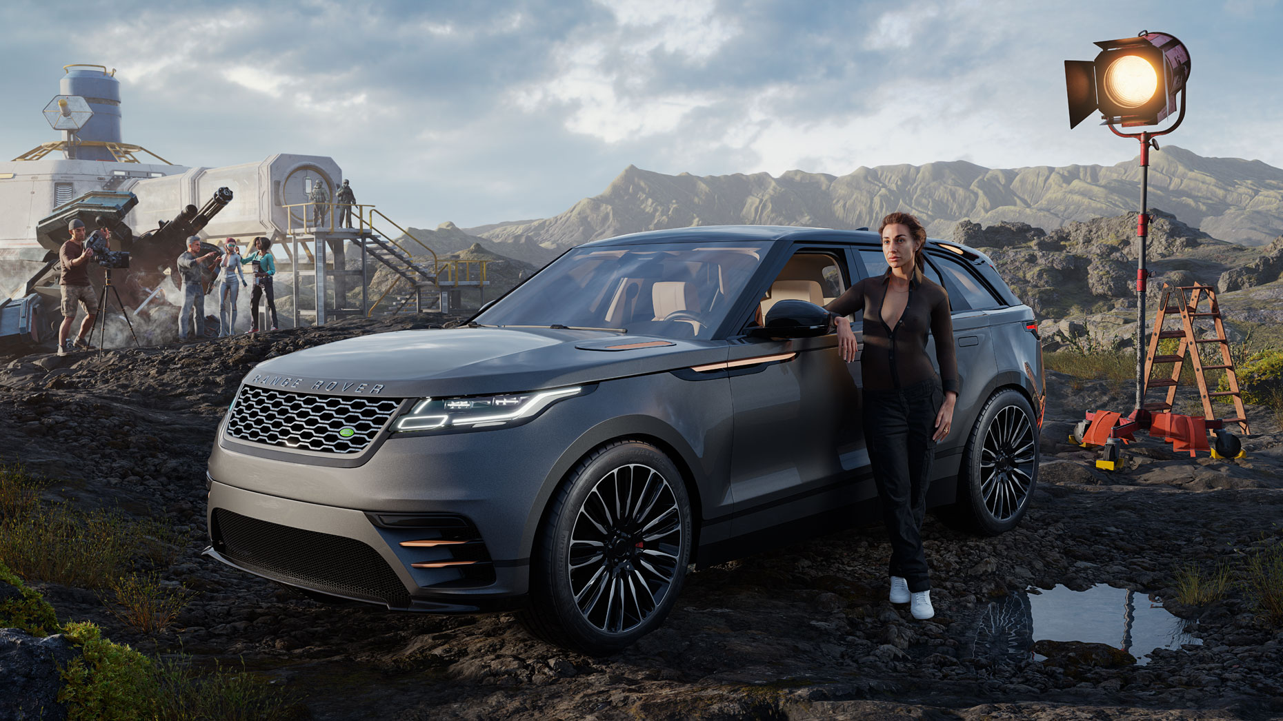Portrait of female Location Scout and her Range Rover on set. (100% CGI)