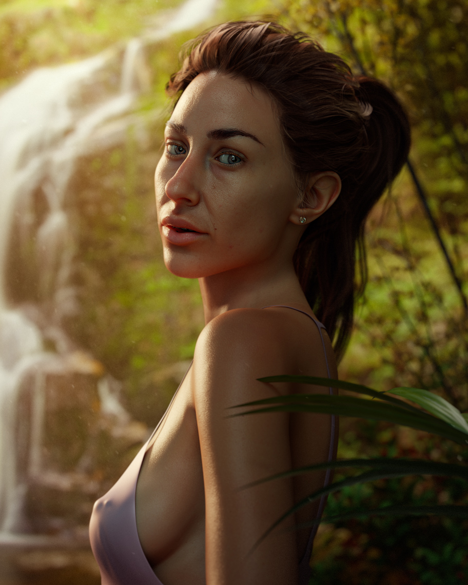 Female location scout in the jungle with a waterfall. (100% CGI)